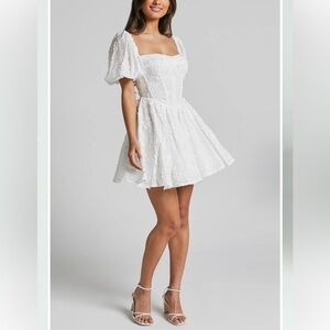 Showpo White Textured Puff Sleeve Mini Dress size 6
